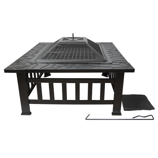 3 in 1 Fire Pit Outdoor Warmer Wood Charcoal Square Fire Table Charcoal Grill with Poker and Flame Screen Bonfire