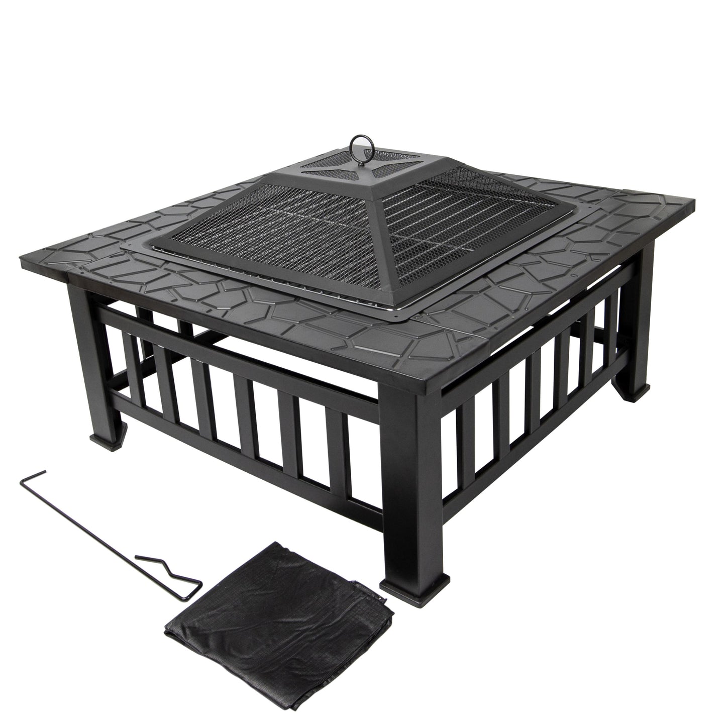 3 in 1 Fire Pit Outdoor Warmer Wood Charcoal Square Fire Table Charcoal Grill with Poker and Flame Screen Bonfire