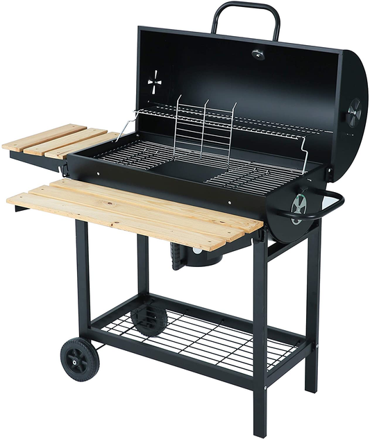 Black Charcoal Grill Barbecue BBQ Trolley with Chimney Grill Offset Smoker with Side Table