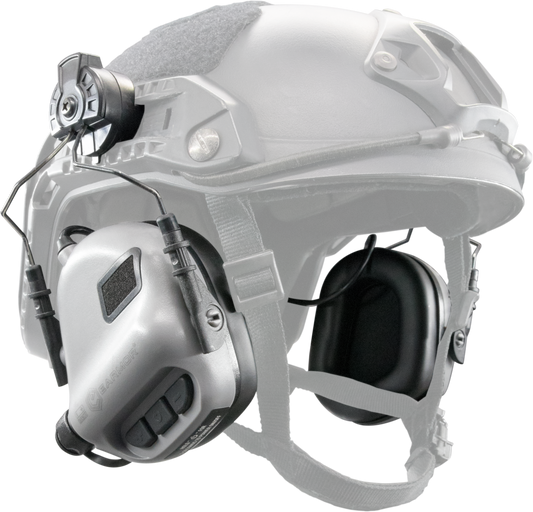 Electronic hearing protection earmuffs for ARC military helmet rails