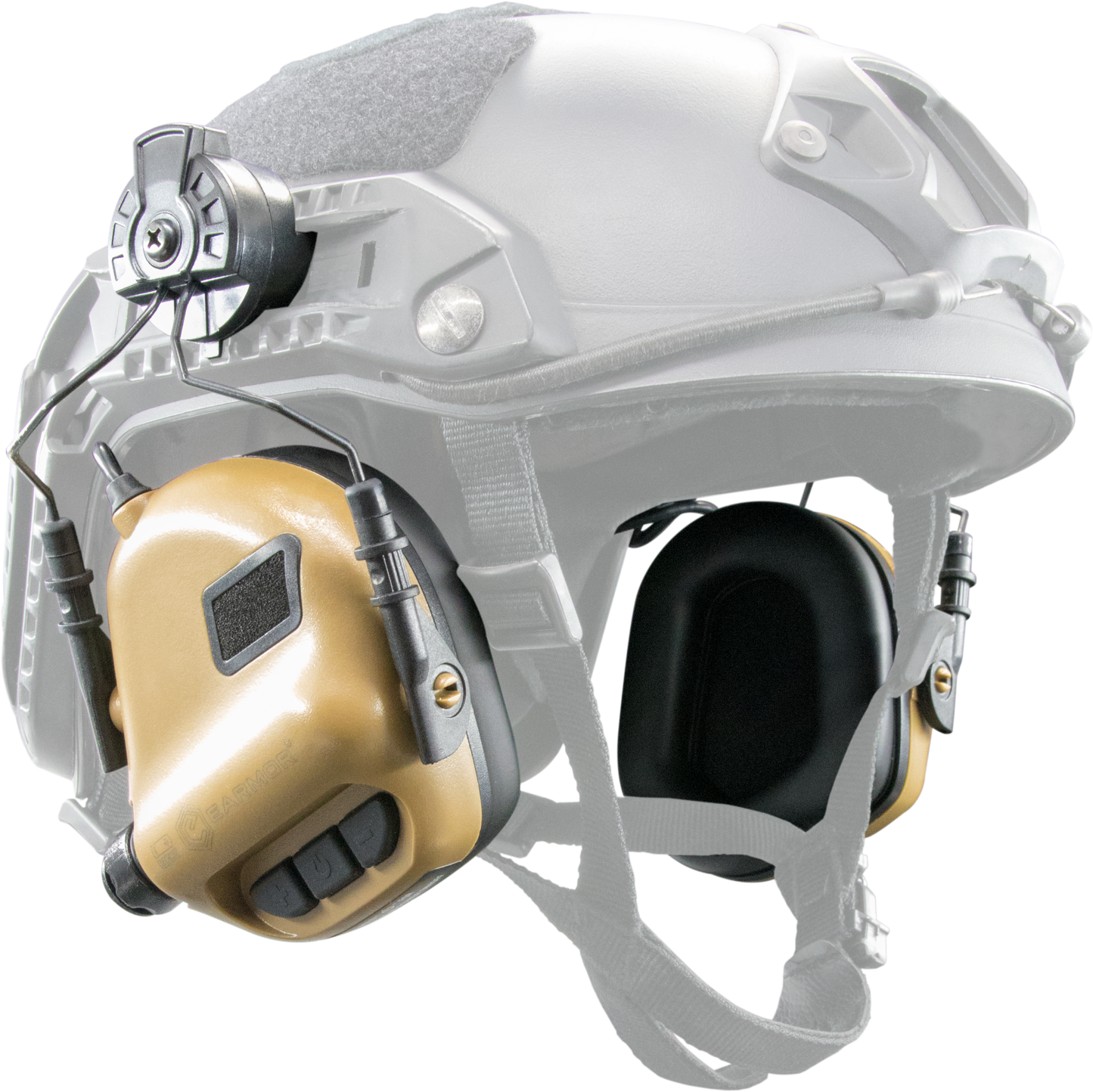 Electronic hearing protection earmuffs for ARC military helmet rails