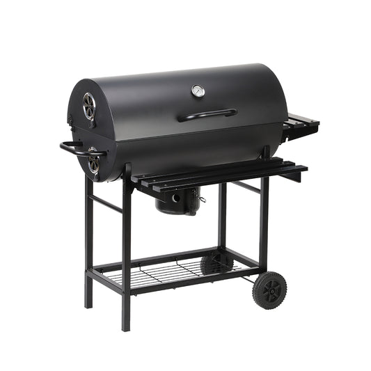 Outdoor Barbecue Trolley Smoker Big Oil Drum Barrel BBQ Charcoal Grill Manufacture with Folding Side and Front Table